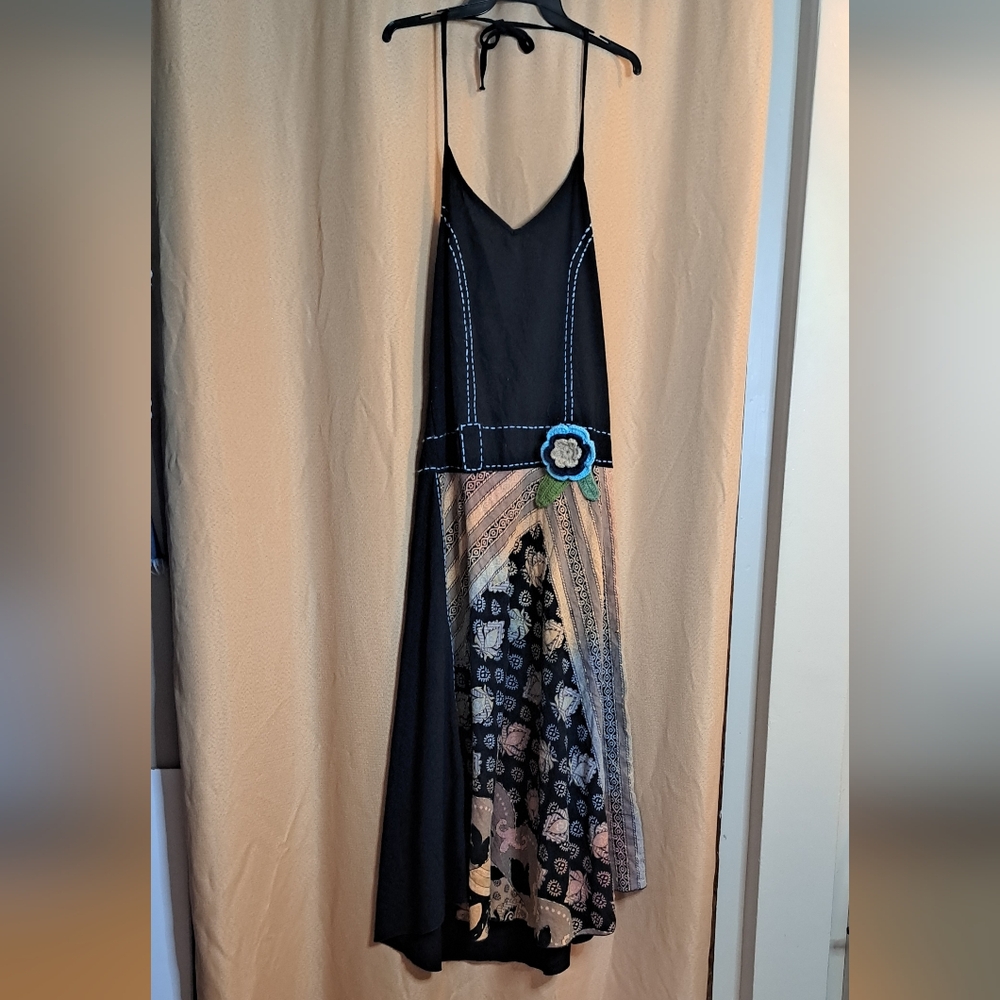 Black and Multicolor Batik Boho Halter Dress with Floral Detail